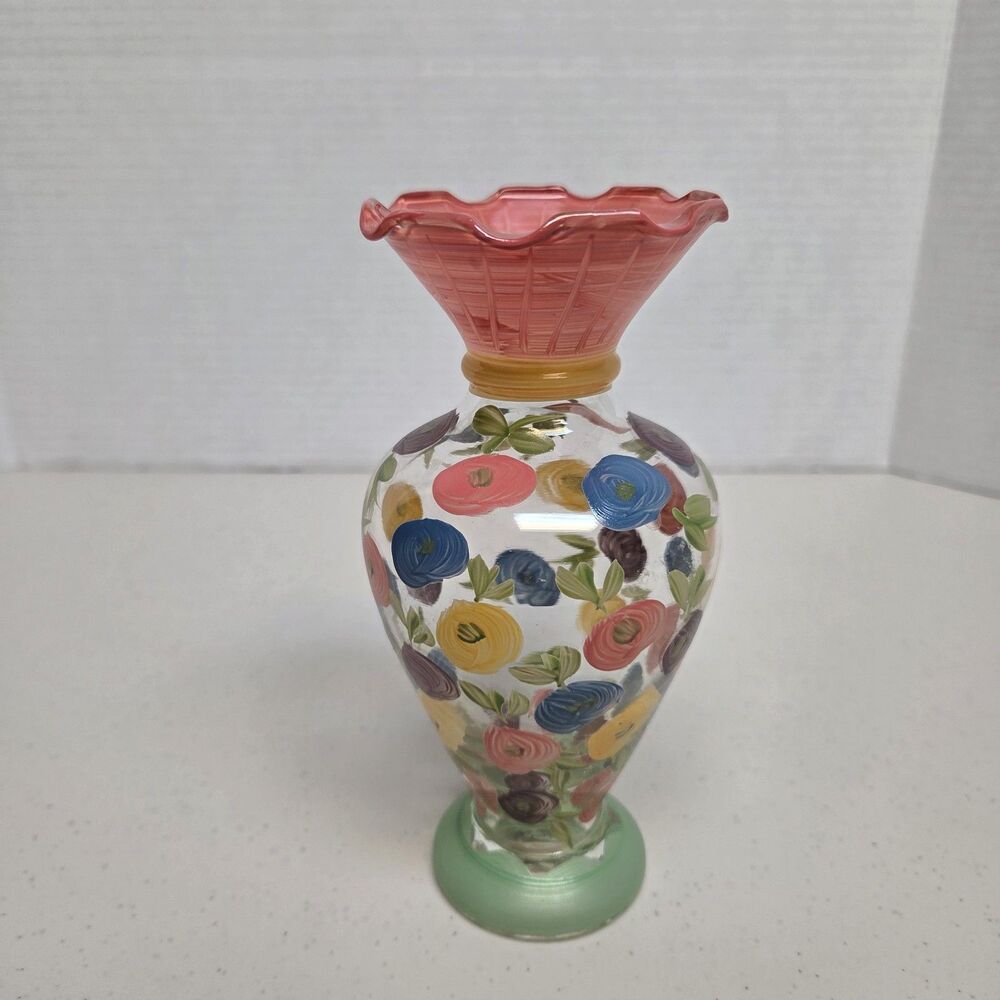 Tracy Porter Hand Painted blown Glass Vase Floral Design Ruffled Top 6.5”